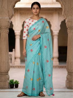 AMRUTKALA SAREES - Teal Designer Linen Printed Solid Saree with Unstitched Blouse