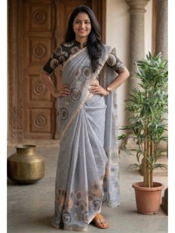 AMRUTKALA SAREES - Grey Designer Linen Printed Woven Saree with Unstitched Blouse