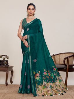 Anjaneya Sarees - Green Designer Linen Silk Printed Woven Saree with Unstitched Blouse