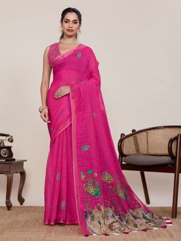 Anjaneya Sarees - Pink Designer Linen Silk Printed Woven Saree with Unstitched Blouse