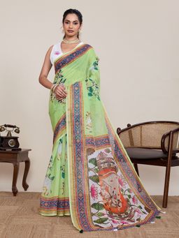 Anjaneya Sarees - Green Designer Linen Silk Printed Saree with Unstitched Blouse