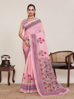 Anjaneya Sarees - Pink Designer Linen Silk Printed Solid Saree with Unstitched Blouse