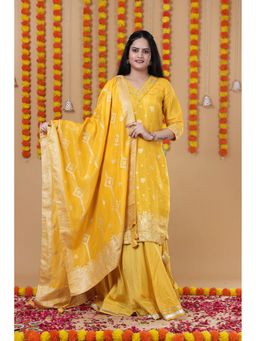VGlame - Women Yellow V-Neck Kurta with Lehenga and Dupatta
