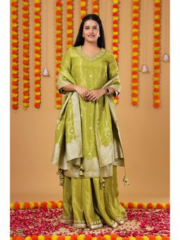 VGlame - Women Green V-Neck Kurta with Sharara and Dupatta