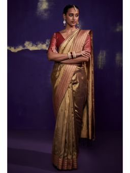 Dressfolk - Gold Silk Satin Saree with Contrast Border without Blouse