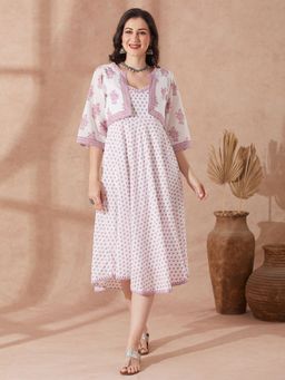 Globus - Women Pink Cotton Midi Dress with Shrug (Set of 2)