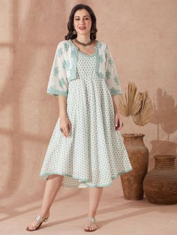 Globus - Women Green Cotton Midi Dress with Shrug (Set of 2)