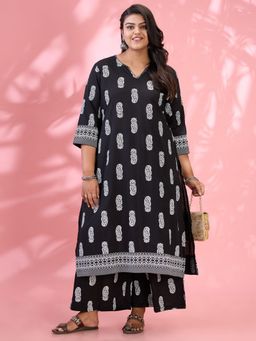Globus - Women Black Cotton Kurta with Pant (Set of 2)