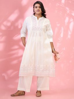 Globus - Women Off White Cotton Kurta with Pant (Set of 2)