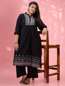 Globus - Women Black Cotton Kurta with Pant (Set of 2)