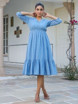 Janasya - Women Blue Cotton Midi Dress