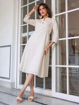 Janasya - Women Off White Cotton Midi Dress