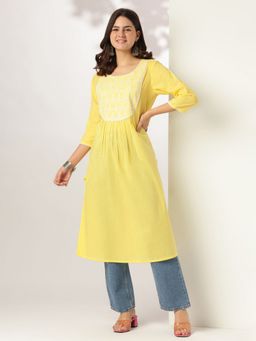 Janasya - Women Yellow Cotton Kurta