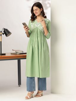 Janasya - Women Green Cotton Kurta