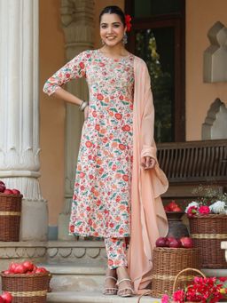 Janasya - Women Peach Cotton Kurta with Pant and Dupatta (Set of 3)