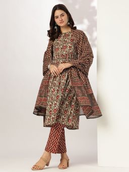 Janasya - Women Brown Cotton Kurta with Pant and Dupatta (Set of 3)
