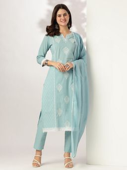 Janasya - Women Blue Cotton Kurta with Pant and Dupatta (Set of 3)