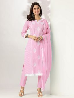 Janasya - Women Pink Cotton Kurta with Pant and Dupatta (Set of 3)