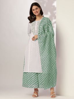 Janasya - Women White Cotton Kurta with Palazzo and Dupatta (Set of 3)