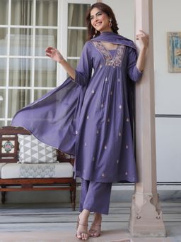 Janasya - Women Purple Cotton Kurta with Pant and Dupatta (Set of 3)