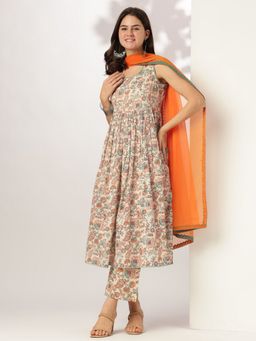Janasya - Women Off White Cotton Kurta with Pant and Dupatta (Set of 3)