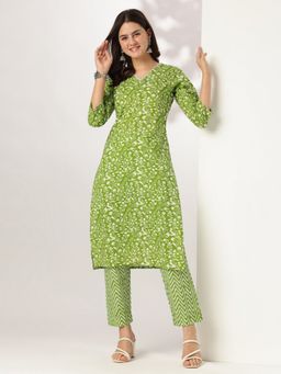 Janasya - Women Green Cotton Kurta with Pant (Set of 2)