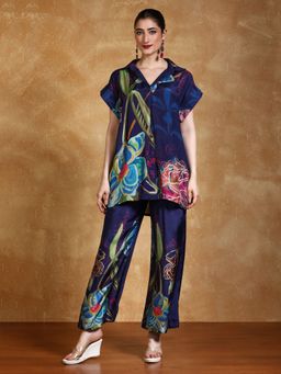 Varanga - Women Navy Blue Silk Blend Top with Pant (Set of 2)