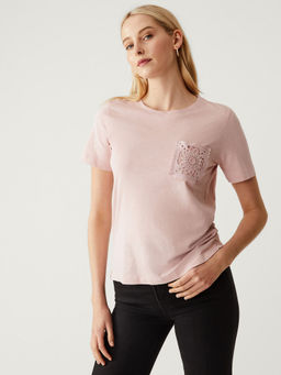 Marks & Spencer - Pure Pink Cotton Lace Pocket T-Shirt