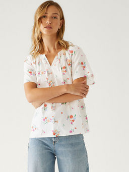 Marks & Spencer - Pure Cotton Printed Tie-Up Neck Blouse