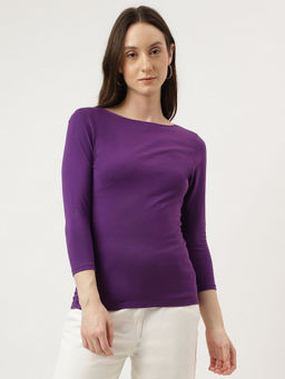 Marks & Spencer - Purple Cotton Plain Boat Neck Top