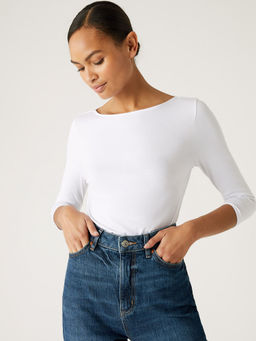 Marks & Spencer - Cotton White Slim Fit 3/4 Sleeve T-Shirt