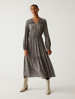 Marks & Spencer - Khaki Floral V-Neck Midi Tiered Dress