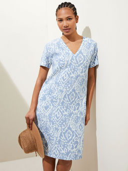 Marks & Spencer - Linen Rich Printed V-Neck Knee Length Shift Dress