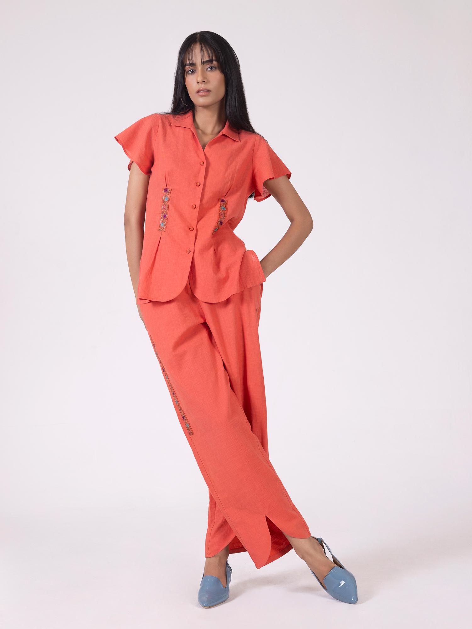 shaye Coral Embroidered Casual Co-Ord Set for Women-picture-11