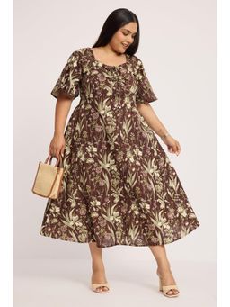 Virgio - Brown Floral Cotton Fit & Flare Midi Plus Size Dress for Women