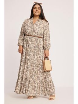 Virgio - Beige Floral Cotton Tiered Maxi Shirt Plus Size Dress with Belt for Women