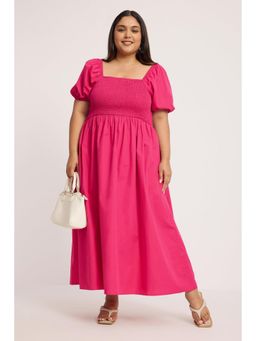 Virgio - Pink Solid Cotton Fit & Flare Plus Size Dress for Women