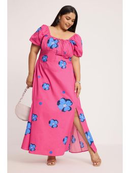 Virgio - Pink Floral Cotton A-Line Plus Size Dress With Slit for Women