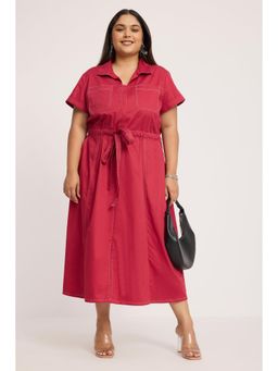 Virgio - Pink Solid Cotton Shirt Plus Size Dress With Belt for Women