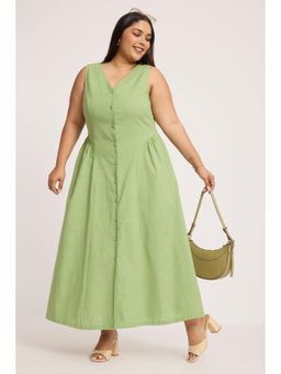 Virgio - Green Solid Cotton V-Neck Maxi Plus Size Dress for Women