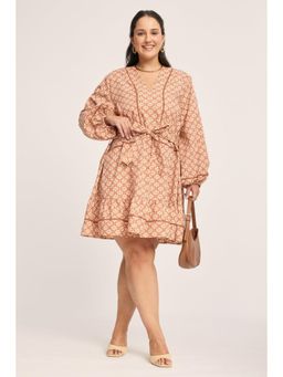 Virgio - Rust Geometric Cotton Lace Insert Plus Size Dress with Belt for Women