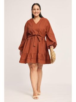 Virgio - Rust Solid Cotton Lace Insert Plus Size Dress with Belt for Women