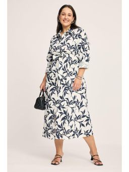Virgio - White Floral Cotton Fit & Flare Shirt Plus Size Dress with Belt for Women