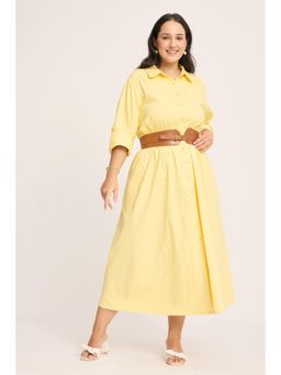 Virgio - Yellow Solid Cotton Fit & Flare Shirt Plus Size Dress with Belt for Women