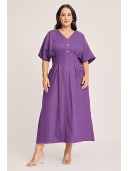 Virgio - Purple Solid Cotton V-Neck Fit & Flare Plus Size Dress for Women