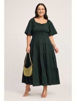 Virgio - Green Solid Cotton Tiered Midi Plus Size Dress for Women