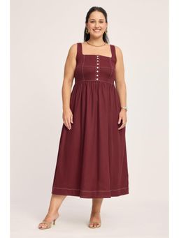 Virgio - Maroon Solid Cotton Fit & Flare Plus Size Dress for Women