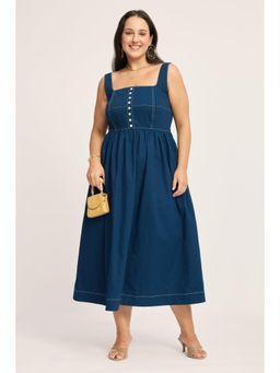 Virgio - Navy Blue Solid Cotton Fit & Flare Plus Size Dress for Women
