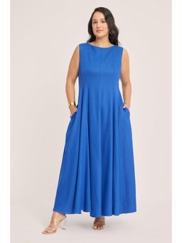 Virgio - Blue Solid Cotton Fit & Flared Maxi Plus Size Dress for Women