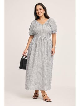 Virgio - Grey Stripes Cotton Fit & Flare Midi Plus Size Dress for Women